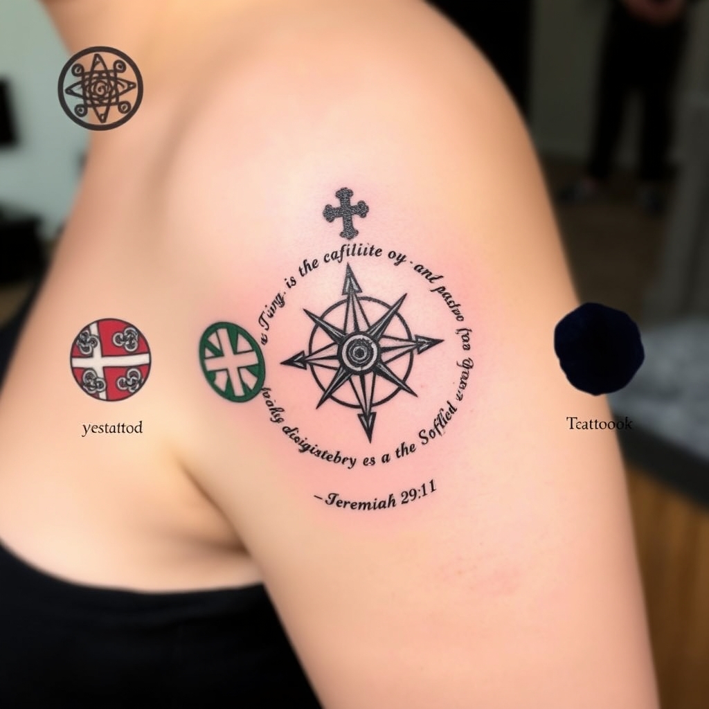 A tattoo design of Sure — here's a text-based symbolic code that describes your tattoo in layers. Tattoo artists often appreciate having both a visual sketch and a breakdown like this.   ---  🧭 Tattoo Symbolic Code Breakdown  Tattoo Design: Gaelic + Danish + Australian + Faith  [Core Symbols] - Celtic Knot (Trinity or Shield Knot): Gaelic heritage, eternity, unity - Vegvísir (Viking Compass): Danish/Nordic ancestry, guidance, resilience - Southern Cross: Australian connection, Southern Hemisphere identity  [Spiritual Element] - Jeremiah 29:11: Faith, divine guidance, hope   → Placement: Curved under design or encircling as outer ring  [Color/Style] - Linework: Fine black lines, clean and detailed - Watercolour Accent:   - Red & White (Danish flag tones)   - Green-Blue (Gaelic landscape/sea)   - Navy Blue (Southern Cross, subtle night-sky backdrop)  [Composition/Style] - Symmetrical circular layout - Central knot + compass layered as one form - Stars positioned in upper-right or embedded into compass - Script font (elegant or handwritten) for verse - Shoulder or upper arm, palm-sized  [Optional Enhancements] - Ogham script or Nordic rune subtly worked into border - Faint compass directions (N, S, E, W) around Vegvísir   ---  🛠️ For a Tattoo Artist  You can show this code to your tattoo artist along with the sketch. Let them know:  Placement (upper arm)  Size (palm-sized)  Watercolour style preference  Any personal touch (e.g., family name in Ogham or rune)   Would you like me to generate a final version with more clarity and cleaner lines for tattooing, or export this as a printable reference? in the style of tribal. - tattoo design tattoo design generated by AI tattoo generator