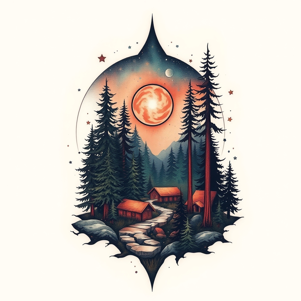 A tattoo design of Forest and space in the style of abstract. - forest and space tattoo design generated by AI tattoo generator