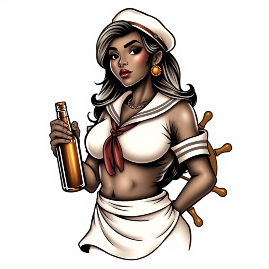 A tattoo design of A large black woman in a sailor outfit with a beer bottle and ships wheel in the style of traditional. - nautical symbol tattoo design generated by AI tattoo generator