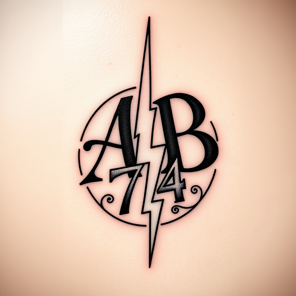 A tattoo design of Initials AB, year 74, lightning bolt in the style of realistic. - symbolic motif tattoo design generated by AI tattoo generator
