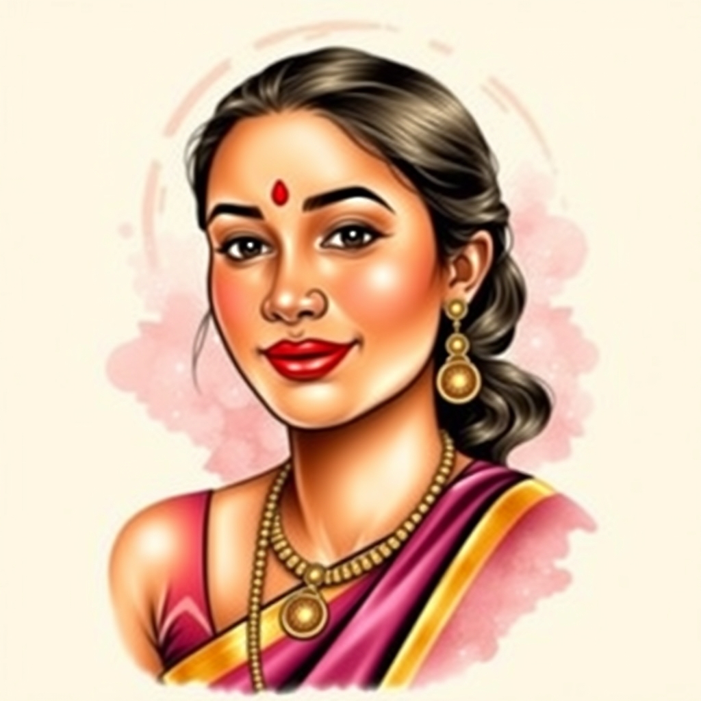 A tattoo design of Grace in Gold – Tattoo Reference Sheet  Tattoo Style: Realistic Colored Portrait  Placement: Upper Chest (Centered or Over Heart)  Size: 7–9 cm (Height), 5–7 cm (Width)  Design Elements: - Face: Natural expression, bindi (red), soft smile - Jewelry: Gold necklace, earrings, nose pin - Sari Accent: Draped shoulder in magenta/gold - Hair: Tied back, softly shaded  Color Guide: - Skin: Warm browns - Bindi: Bright red - Jewelry: Pale gold with darker shadowing - Sari: Deep magenta with gold border - Background (optional): Watercolor halo (magenta to gold fade)  Tattoo Artist Notes: - Use soft shading for face - Metallic shine using highlight/lowlight blend - Blend sari into shoulder with gentle fabric folds - Add optional aura behind head for contrast in the style of realistic. - indian woman portrait tattoo design generated by AI tattoo generator