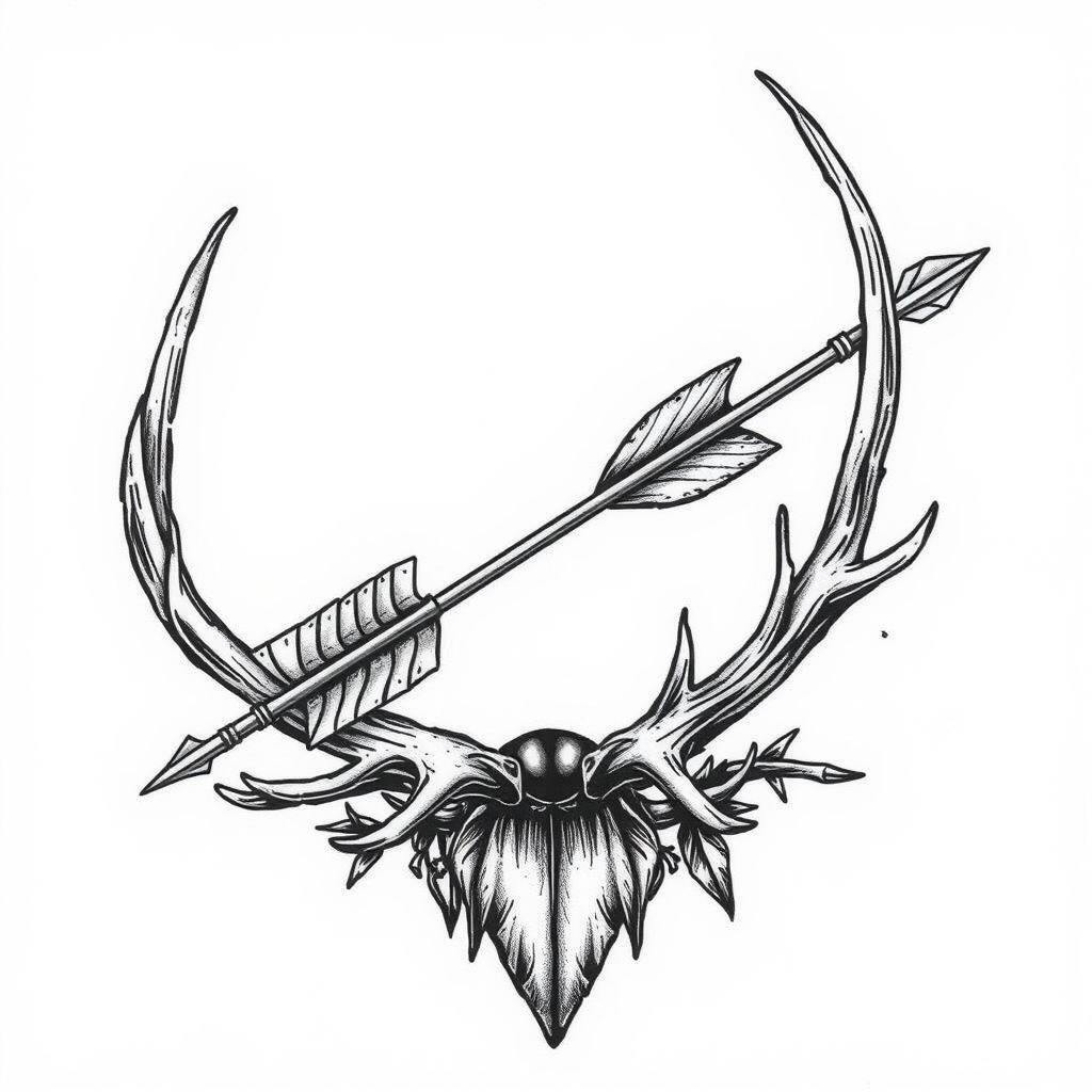 A tattoo design of Arrow laying in an elk antler in the style of realistic. - wildlife symbol tattoo design generated by AI tattoo generator