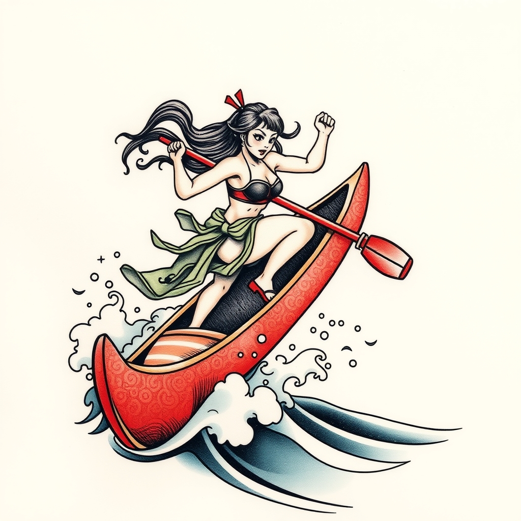 A tattoo design of A strong woman leaping off a canoe into water in the style of japanese. - water sports tattoo design generated by AI tattoo generator