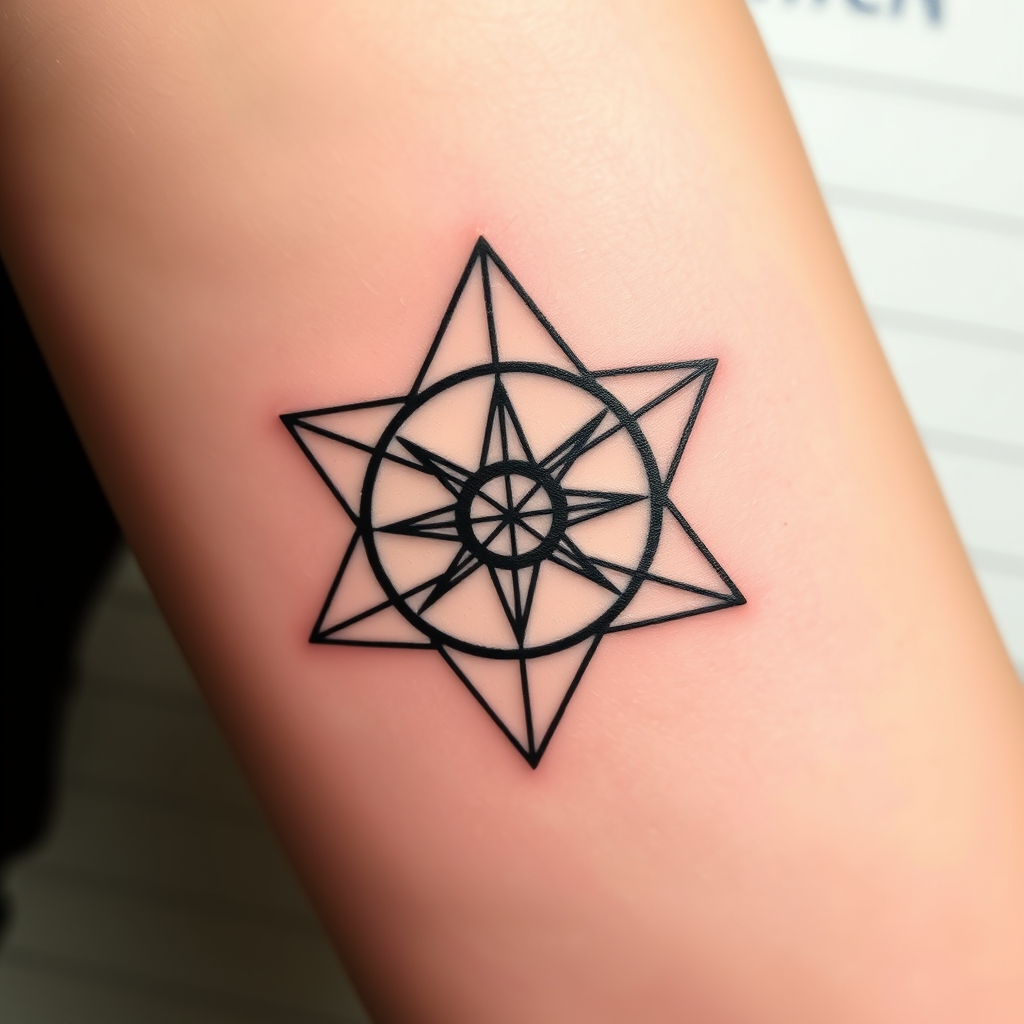 A tattoo design of A minimalist symbol with deep philosophical meanings in the style of Syd Mead in the style of geometric. - science fiction symbol tattoo design generated by AI tattoo generator