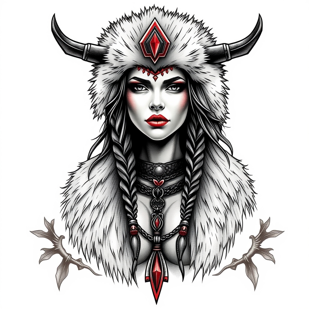 A tattoo design of Pin up fur covered northern warrior goddess in the style of realistic. - mythical creatures tattoo design generated by AI tattoo generator