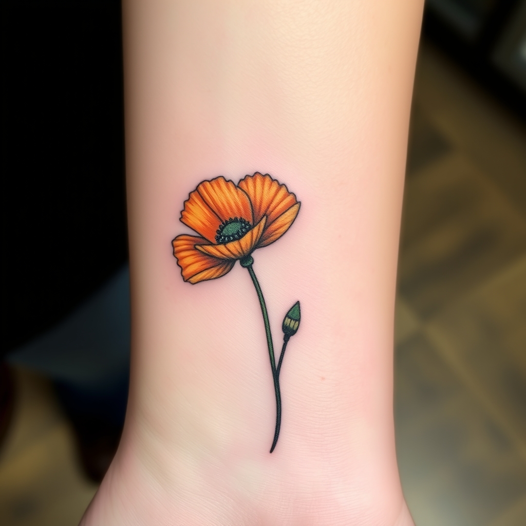 A tattoo design of Small inner wrist of an orange poppy with Emersyn in place of the stem in the style of realistic. - flower tattoo design generated by AI tattoo generator