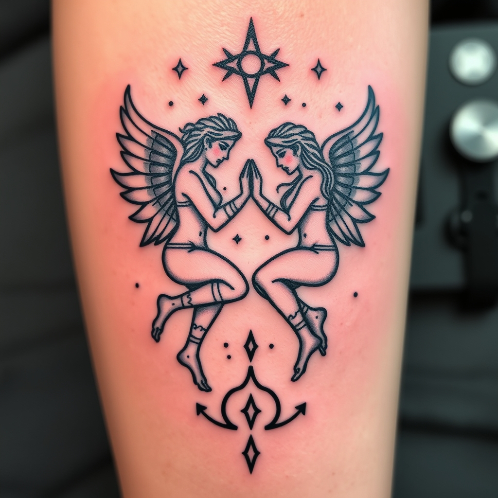 A tattoo design of gemini zodiac sign or constellation, symbolism for Alan watts teachings such as universal consciousness and letting go of the ego in the style of realistic. - astrology tattoo design generated by AI tattoo generator