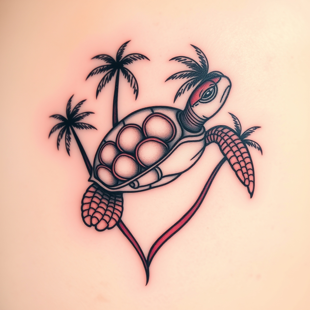 A tattoo design of sea turtle, palm trees, feminine in the style of traditional. - island life tattoo design generated by AI tattoo generator