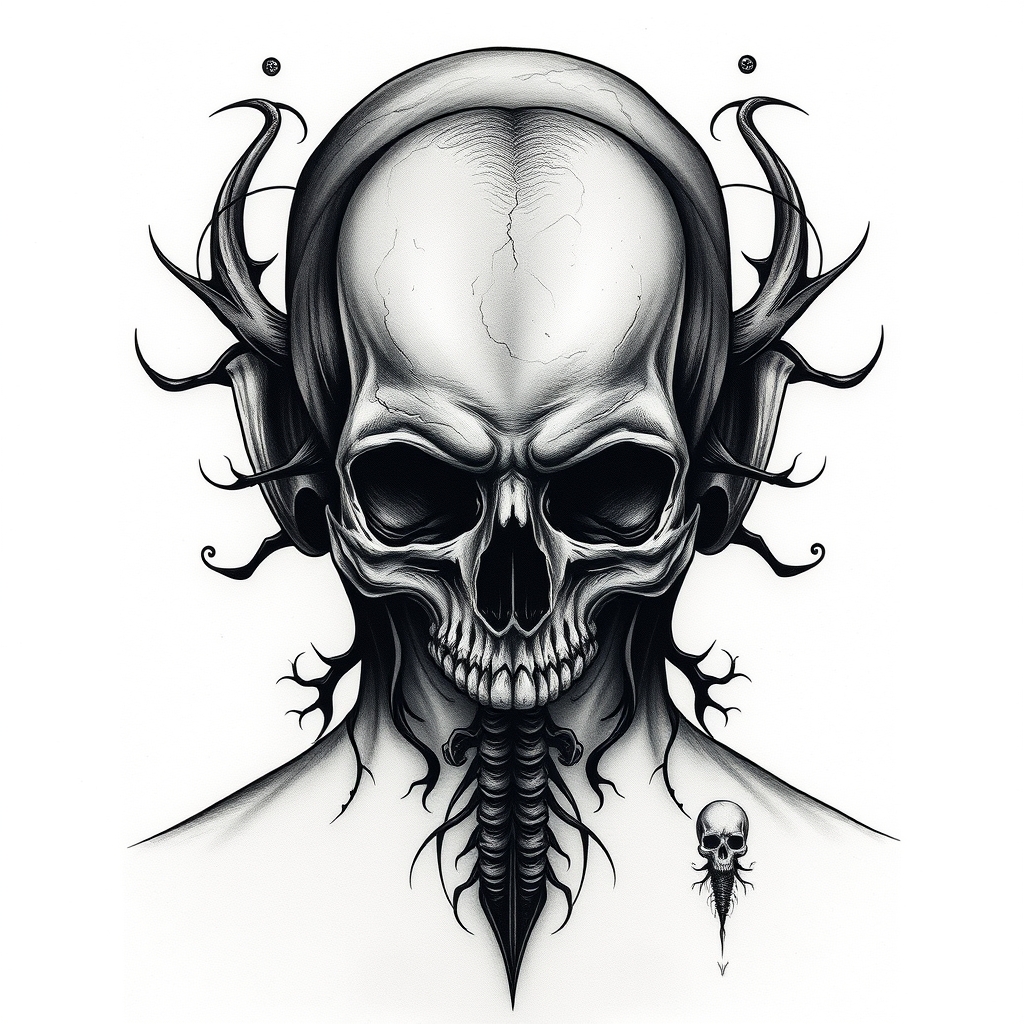 A tattoo design of Dark, ptsd, anxiety, menโs mental health, large between shoulder blades and small down spine, skull in the style of surrealistic. - mental health tattoo design generated by AI tattoo generator