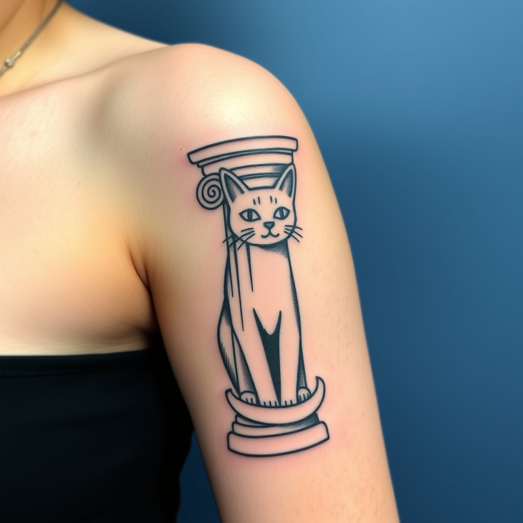 A tattoo design of Greek pillar with a cat in the style of minimalist. - greek architecture tattoo design generated by AI tattoo generator