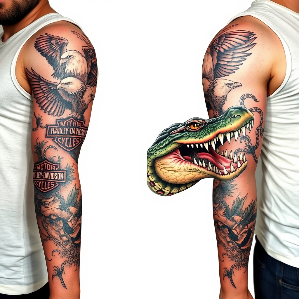 A tattoo design of Right arm full sleeve with Harley Davidson theme with eagles mixed with Florida swamp theme with american alligator having python in its mouth in the style of realistic. - motorcycle wildlife tattoo design generated by AI tattoo generator