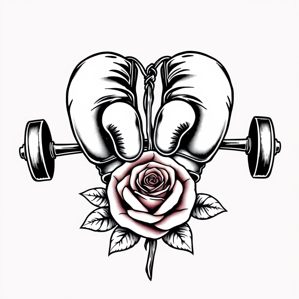A tattoo design of A pair of boxing gloves, a barbell, and a rose in the style of realistic. - fitness symbols tattoo design generated by AI tattoo generator