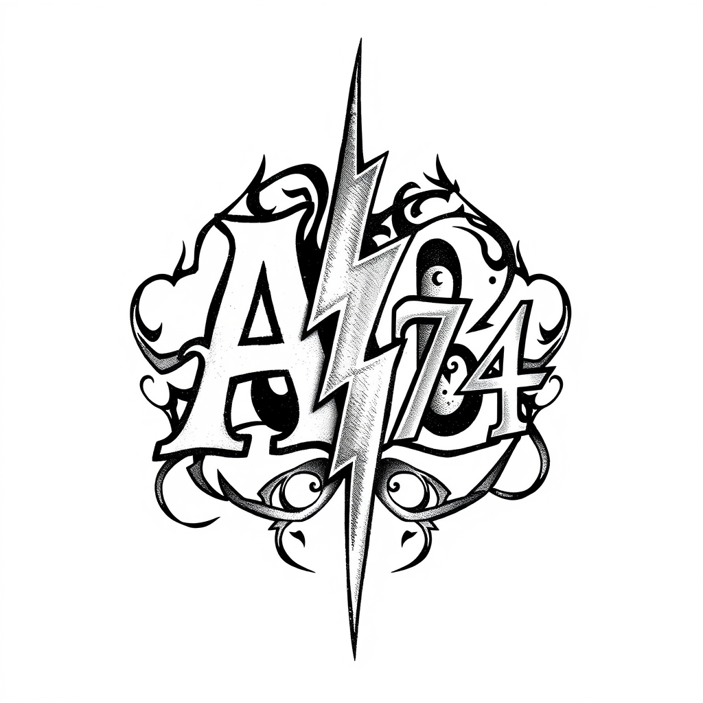 A tattoo design of Initials AB, year 74, lightning bolt in the style of tribal. - symbolic emblem tattoo design generated by AI tattoo generator