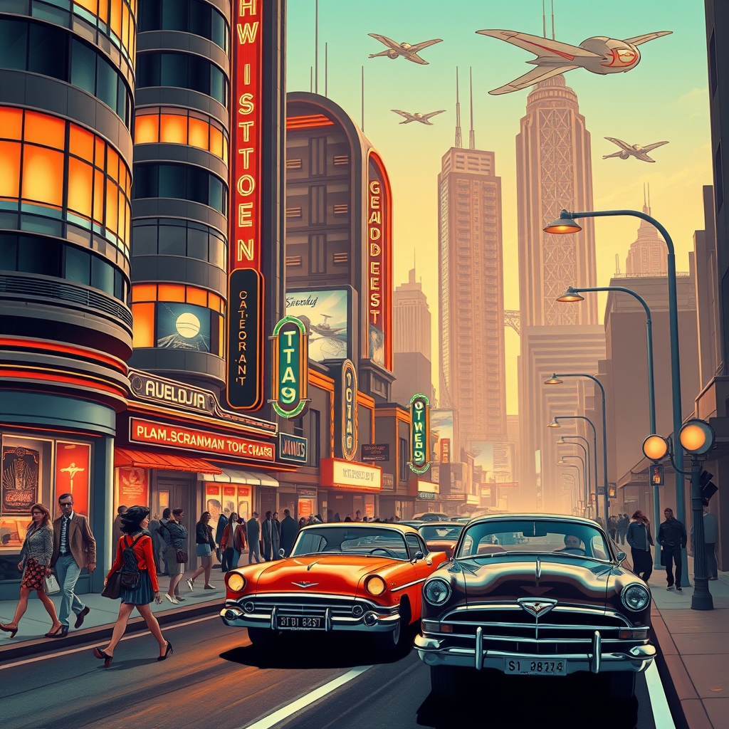 A tattoo design of Imagine a vibrant 1960s street scene infused with the futuristic, industrial aesthetics of atompunk. The buildings are sleek yet curvaceous, adorned with neon signs and retro-futuristic advertisements. Picture towering skyscrapers with geometric patterns, their windows glowing with a soft, warm light. On the street level, people clad in mod clothing, with bold patterns and streamlined accessories, bustle about. Vintage cars, reimagined with atomic-age enhancements like glowing fins and sleek, aerodynamic designs, glide smoothly down the road. The color scheme should be complementary, with vivid oranges contrasting against deep, rich blues, creating a dynamic and eye-catching visual experience. Use digital techniques to blend sharp lines with smooth gradients, giving the scene a polished, almost surreal quality. Add small details like atomic lampposts, street vendors selling futuristic gadgets, and a sky with hovering vehicles and satellites to complete the atompunk atmosphere in the style of minimalist. - atompunk cityscape tattoo design generated by AI tattoo generator