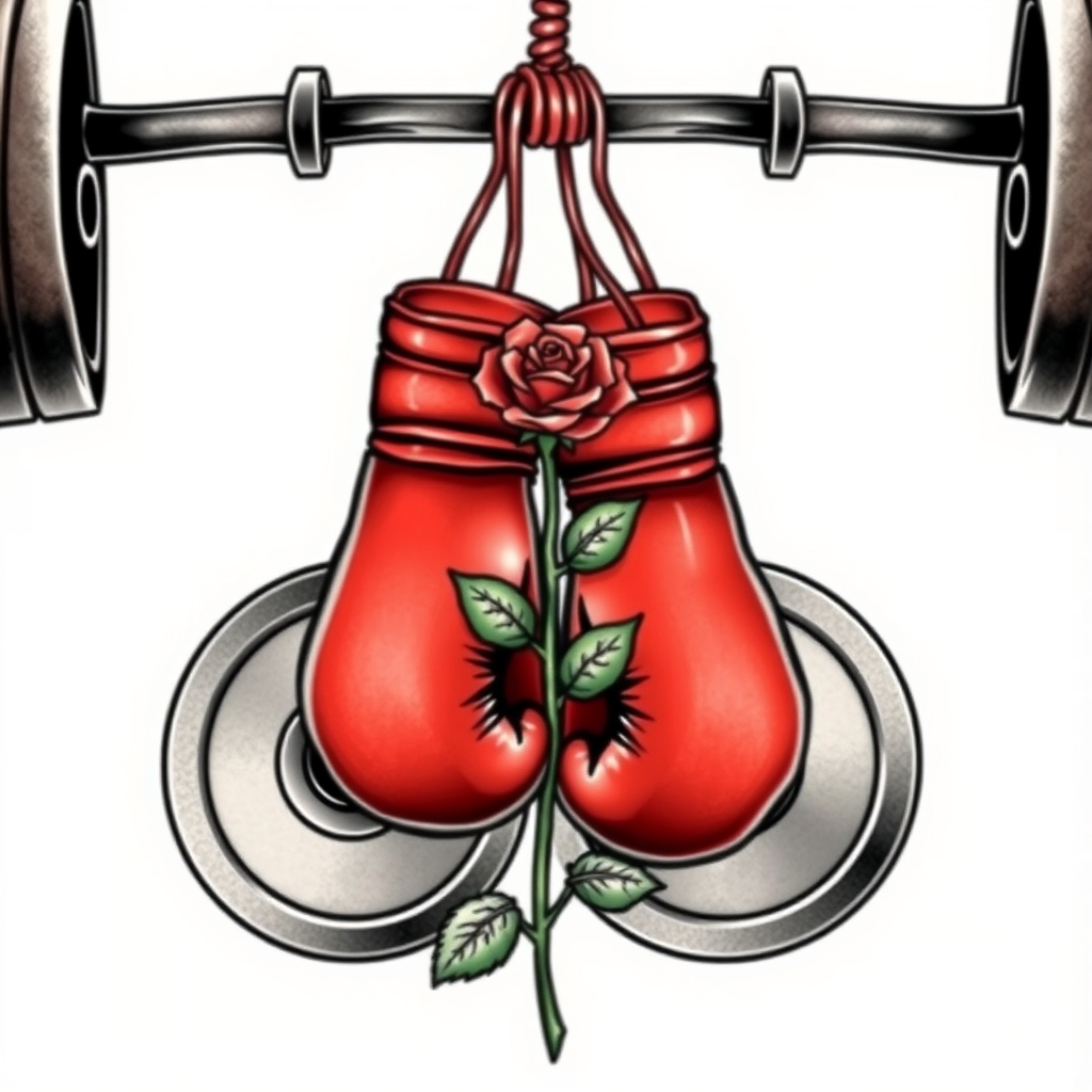 A tattoo design of A pair of boxing gloves hanging from a barbell with large weight plates with a single rose in the style of realistic. - fitness gym tattoo design generated by AI tattoo generator