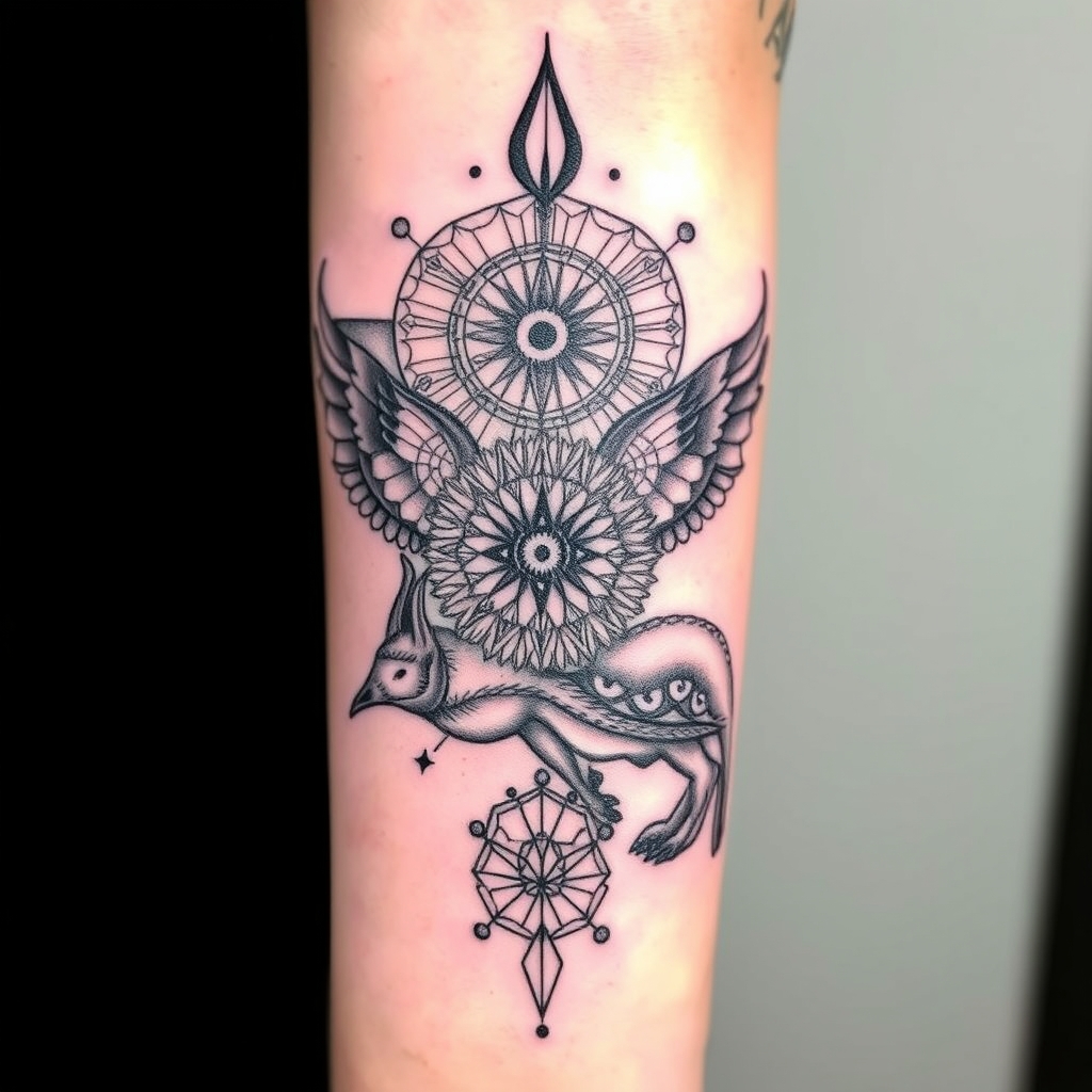 A tattoo design of Louisiana, fractals, water, ancient energy, native wildlife arm sleave in the style of geometric. - native american wildlife tattoo design generated by AI tattoo generator