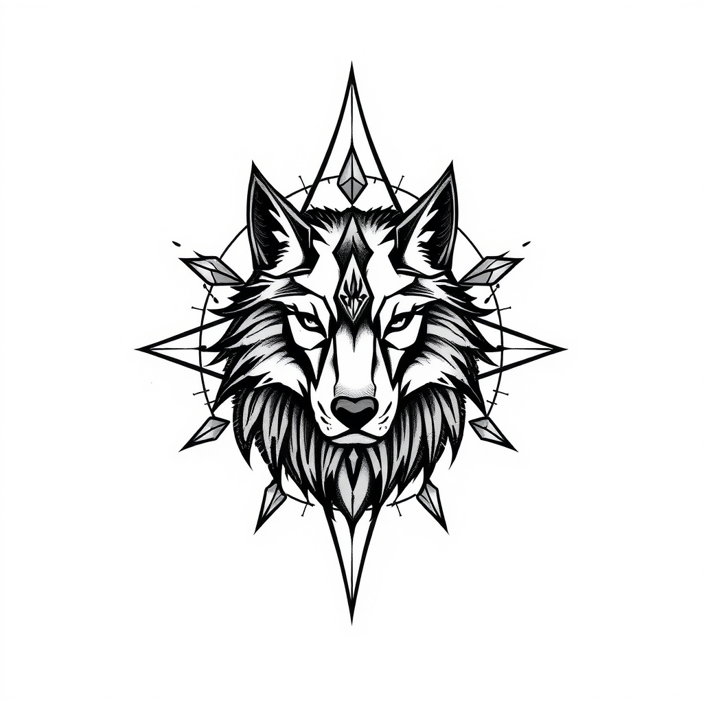 A tattoo design of Protected by God and Wolf in the style of geometric. - spiritual wildlife tattoo design generated by AI tattoo generator