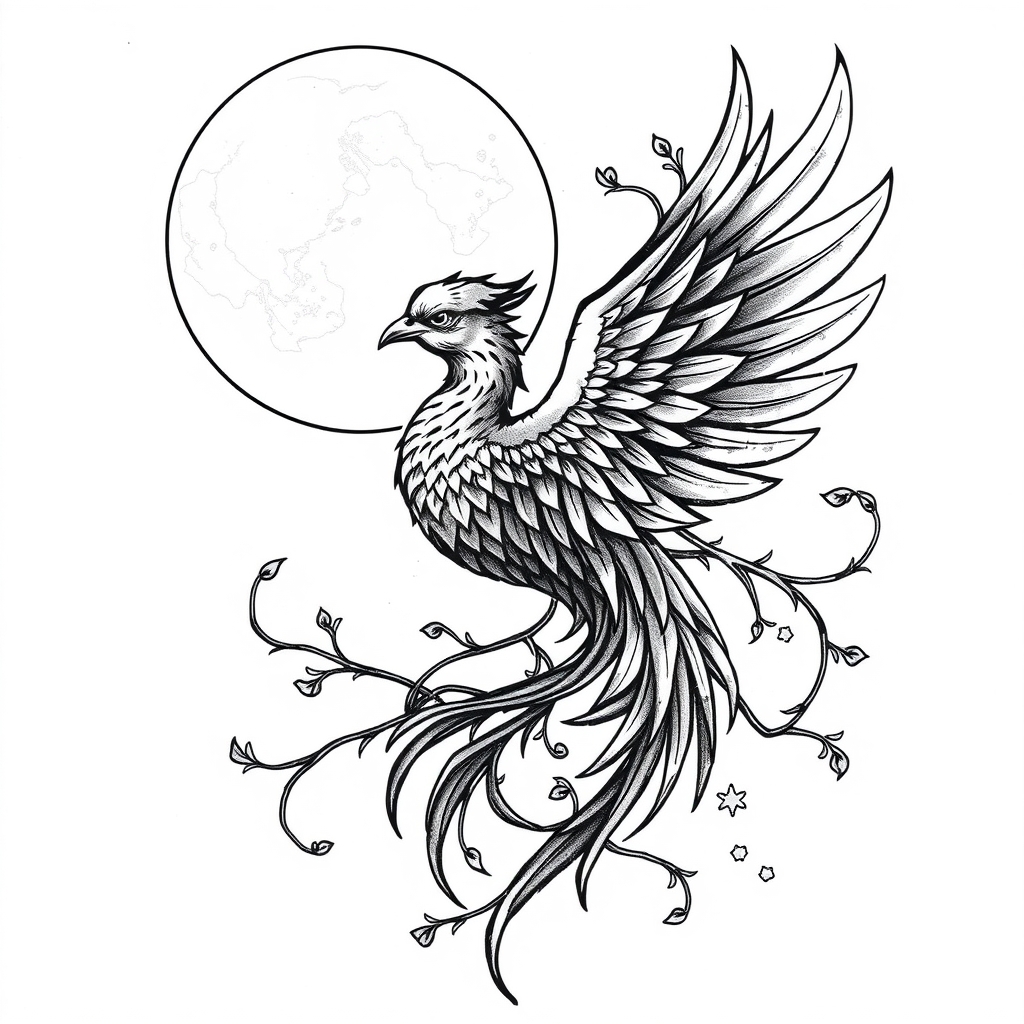 A tattoo design of Phoenix with moon and vines intertwined in the style of surrealistic. - mythical creature tattoo design generated by AI tattoo generator