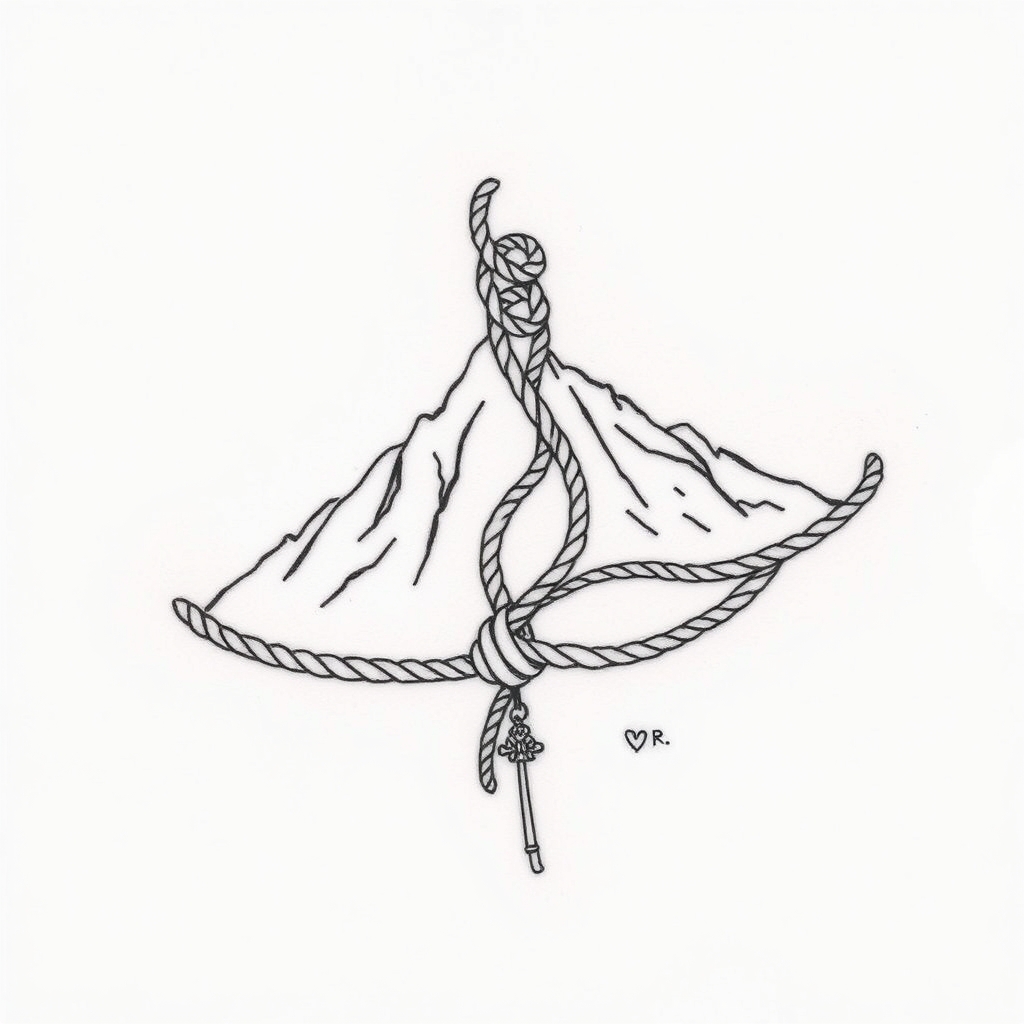 A tattoo design of What a meaningful and beautifully layered idea for a sibling tattoo! Let’s dream this up together. Here’s a concept that weaves in every aspect you mentioned:  🎒 Sibling Tattoo Concept: The Joffe Climb  Core Symbol:  A mountain range silhouette (to represent your shared love of rock climbing and the North Carolina Appalachian mountains — maybe outline Grandfather Mountain or the Blue Ridge).  Winding up the mountain is a rope that intertwines, splitting into separate strands at the top — symbolizing each sibling’s individual journey yet connected by shared roots.   Personal Details:  Along the rope, you could add tiny meaningful symbols:  A discreet spiral or infinity symbol for the OCD journey (many people with OCD use the spiral to symbolize their ongoing, cyclical thoughts — the rope’s twists can echo this too).  A small open door or key tucked into the design to represent therapy — growth, courage, and openness.  A heart or compass rose with “Joffe” subtly worked in to show the family bond.    Style:  Black linework with fine details — maybe in a delicate single-needle style.  If you want color, soft greens and blues could nod to North Carolina’s lush landscape.   Placement Ideas:  Forearm or upper arm — so each sibling can see their piece and it works well as a matching or puzzle-style tattoo.  Each sibling could have the same mountain base, but the rope could be slightly different for each — making them unique but unified. in the style of realistic. - mountain climbing tattoo design generated by AI tattoo generator