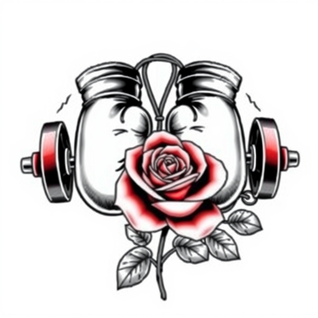 A tattoo design of A pair of boxing gloves, a weight barbell, and one rose in the style of realistic. - fitness and sport tattoo design generated by AI tattoo generator