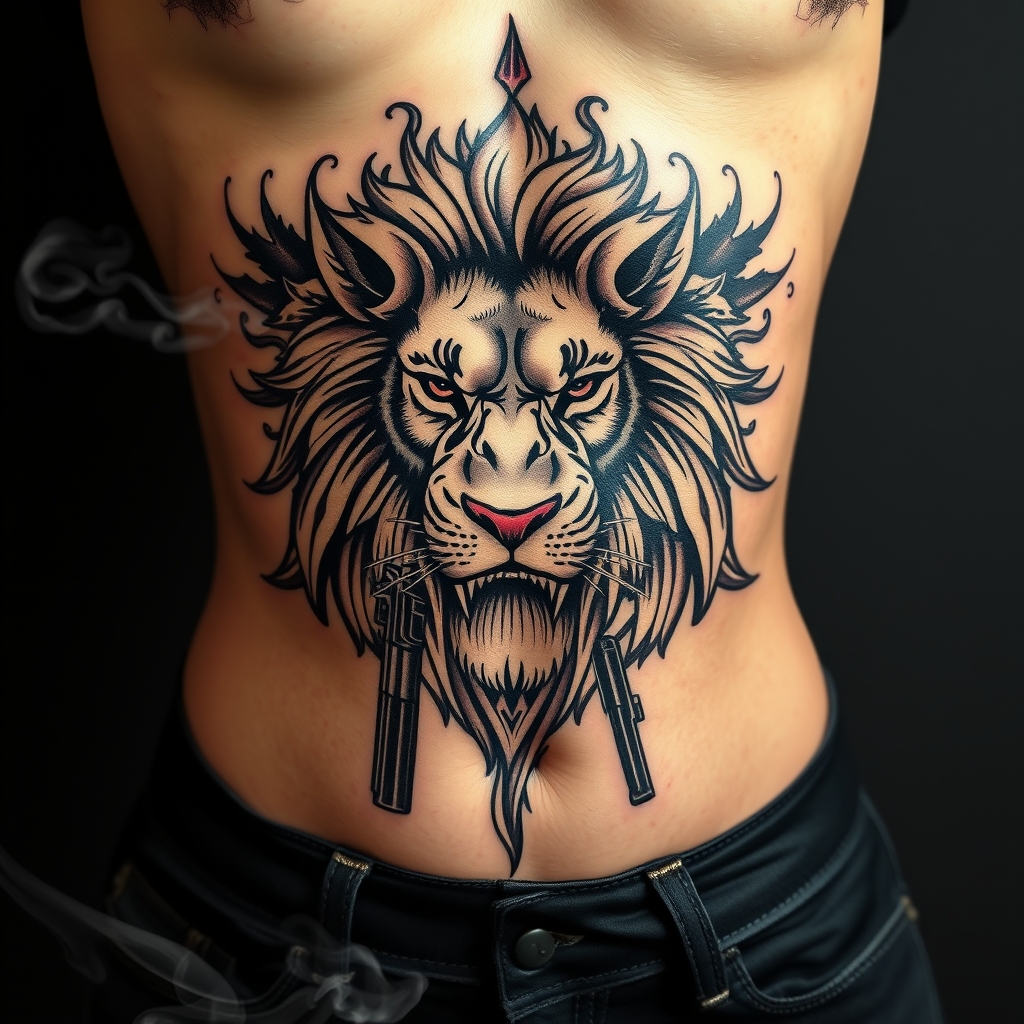A tattoo design of female lion. incorporate gambling, guns, and smoke around it. dimentions for tattoo on the ribs from breast to hip bone in the style of tribal. - wildlife tattoo design generated by AI tattoo generator