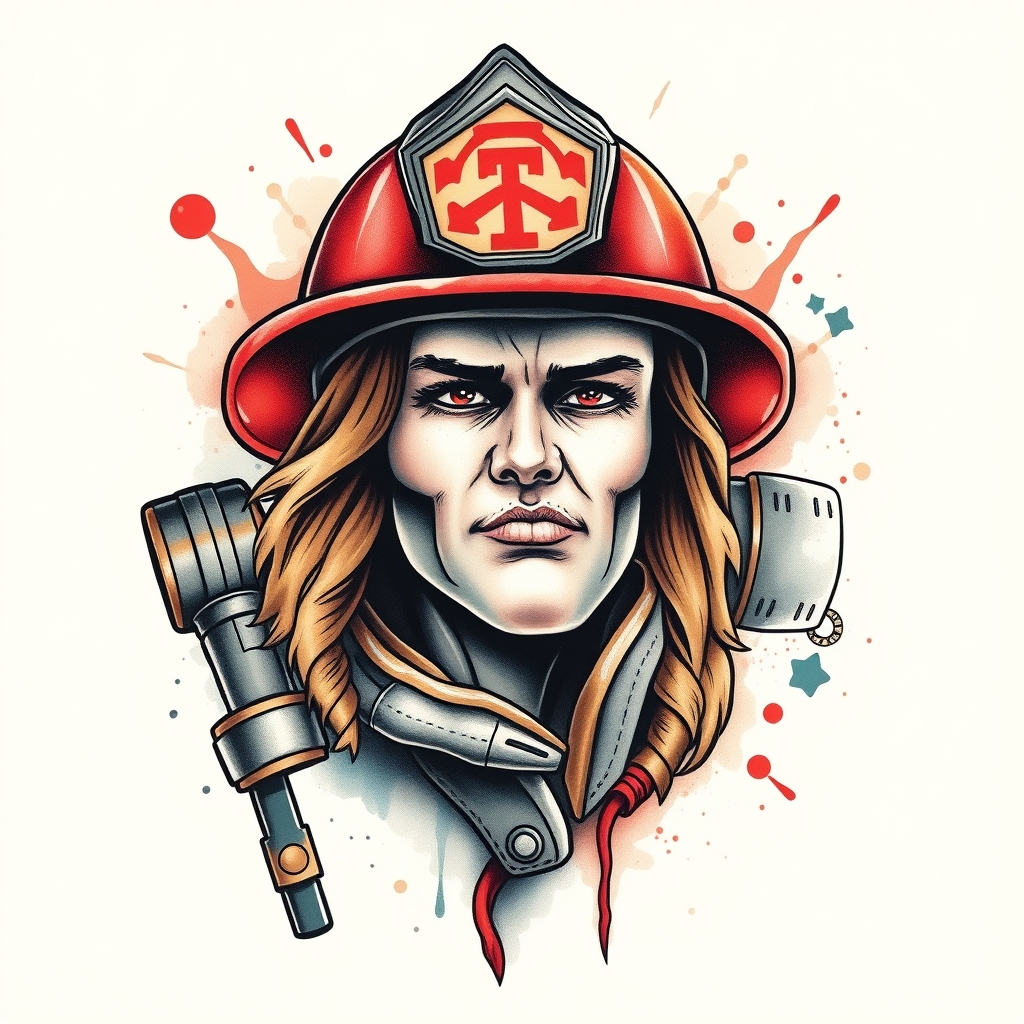 A tattoo design of A pin up firefighter in the style of watercolor. - occupation tattoo design generated by AI tattoo generator