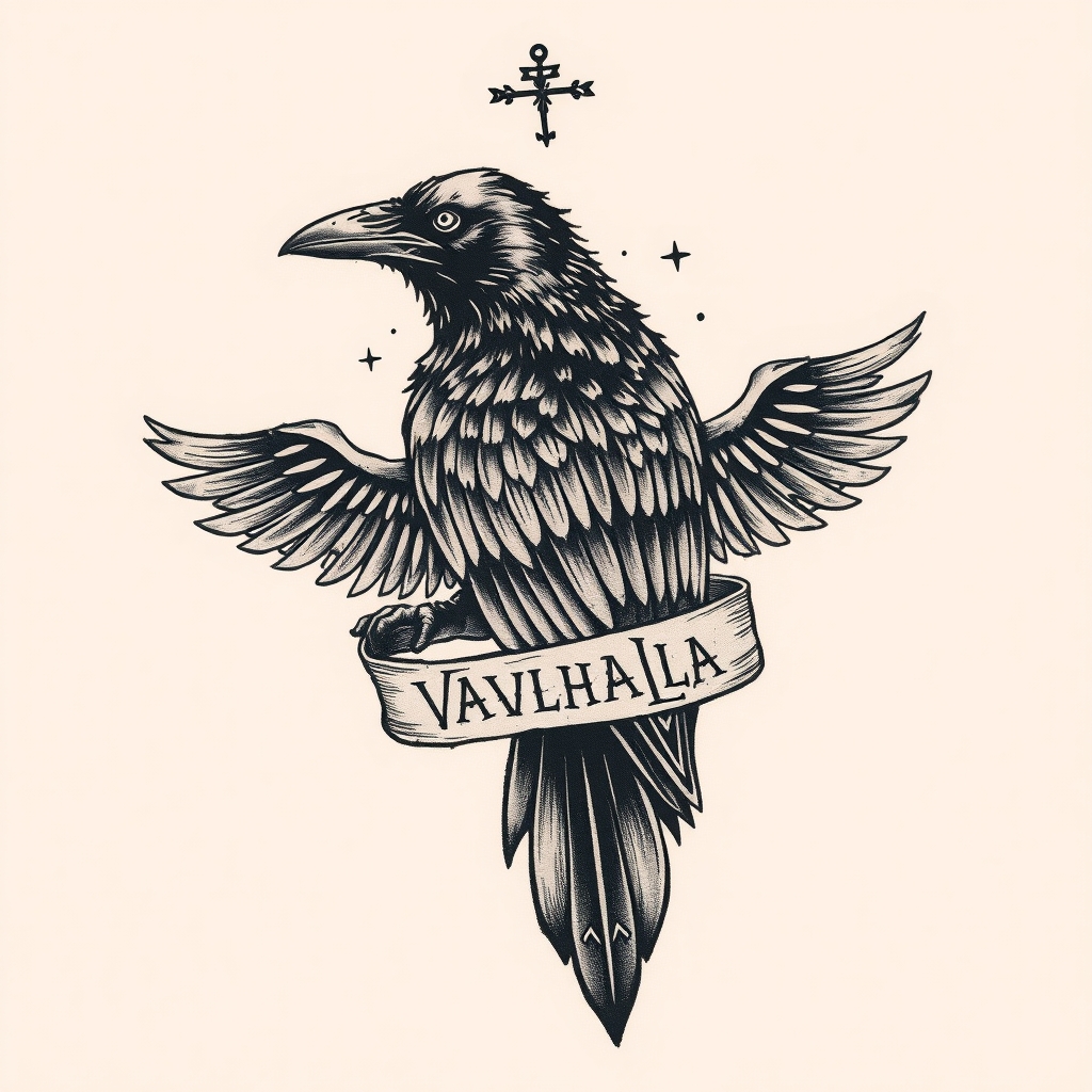 A tattoo design of Raven pow mia flaf with a rune banner that says until Valhalla in runic in the style of realistic. - mythology norse tattoo design generated by AI tattoo generator