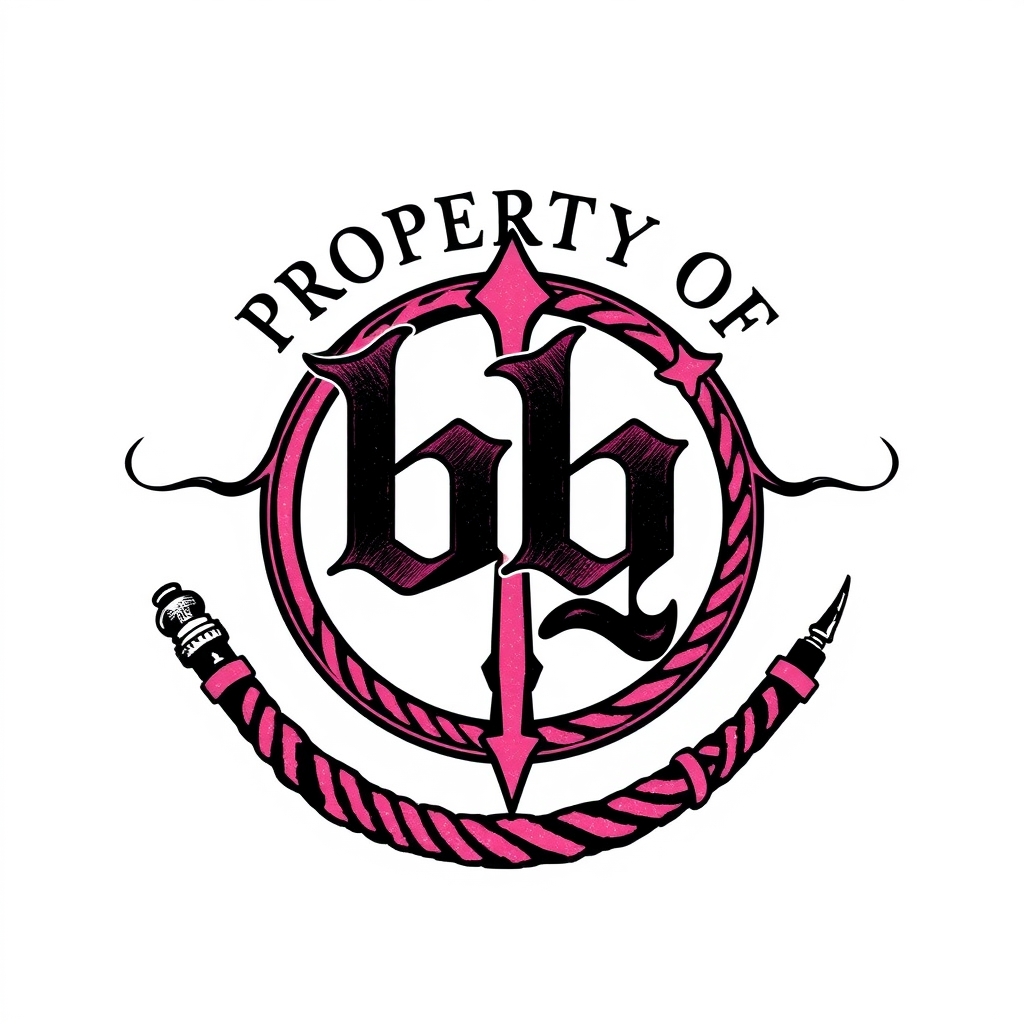 A tattoo design of Cuckold symbol. Black and pink are the colors. Name is bb. Spells "PROPERTY OF MQ". A whip is shown. in the style of traditional. - fetish symbol tattoo design generated by AI tattoo generator