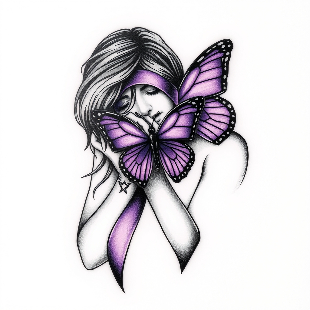 A tattoo design of Domestic violence ribbon awareness inclined together with a purple butterfly as a women hunched over her hands overing her face in the style of blackwork. - domestic violence awareness tattoo design generated by AI tattoo generator