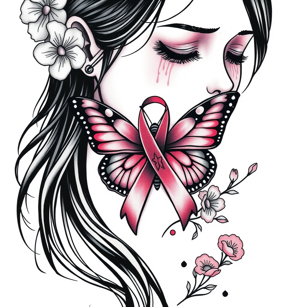 A tattoo design of A woman crying with the domestic awareness ribbon with a butterfly entwined together in the style of japanese. - ribbon awareness symbol tattoo design generated by AI tattoo generator
