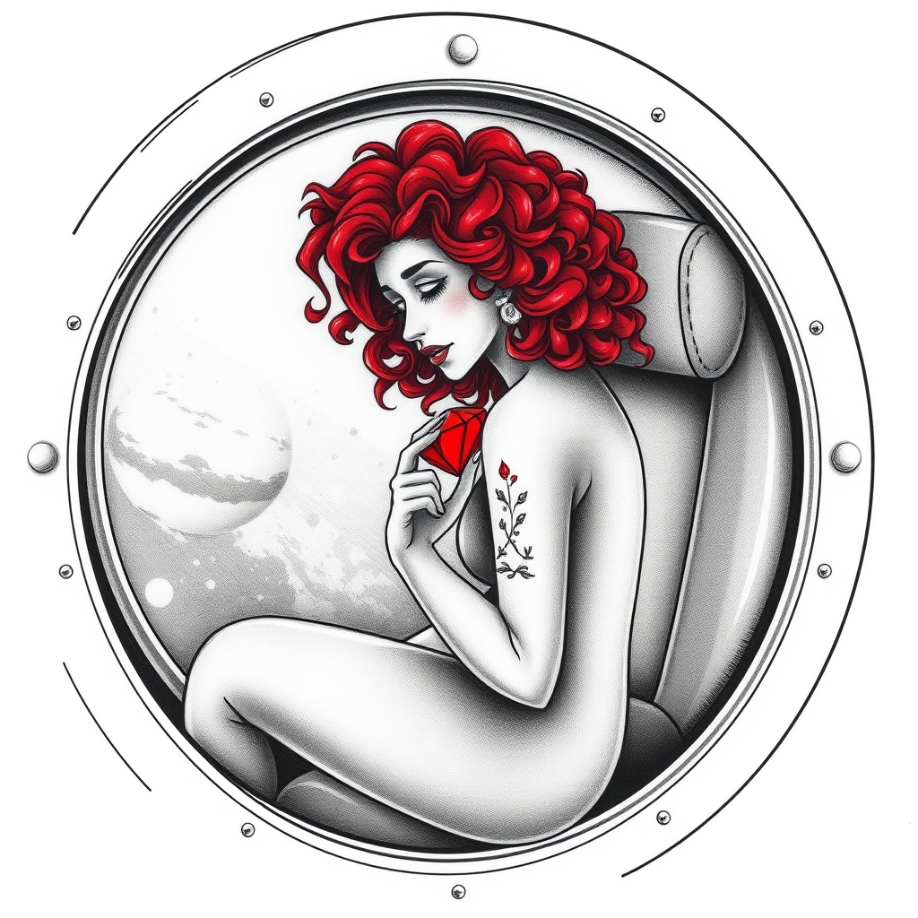 A tattoo design of Black and grey style. Redhead woman with curly hair sitting in a small space capsule alone. Floating through space with nothing to keep her company but a shining red ruby which she holds close by the porthole window. They are both sitting by the window peering out on an unknown planet. in the style of realistic. - space travel tattoo design generated by AI tattoo generator