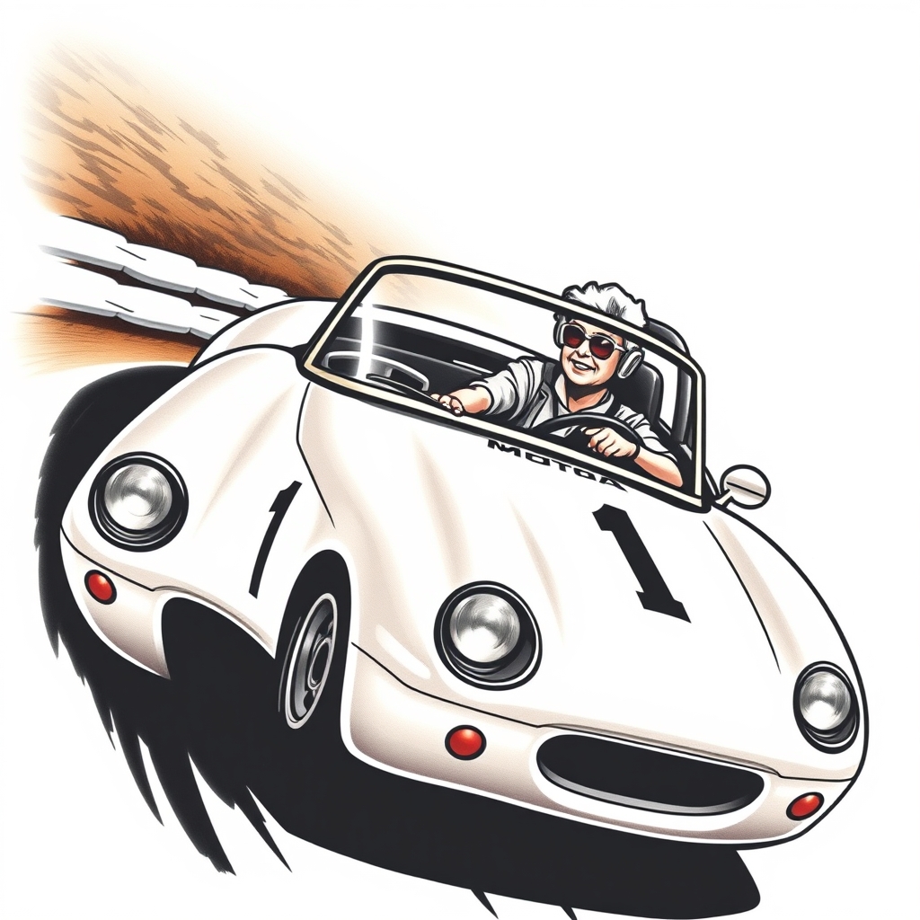 A tattoo design of White racing Miata number 1 with older lady driving in the style of realistic. - cars tattoo design generated by AI tattoo generator