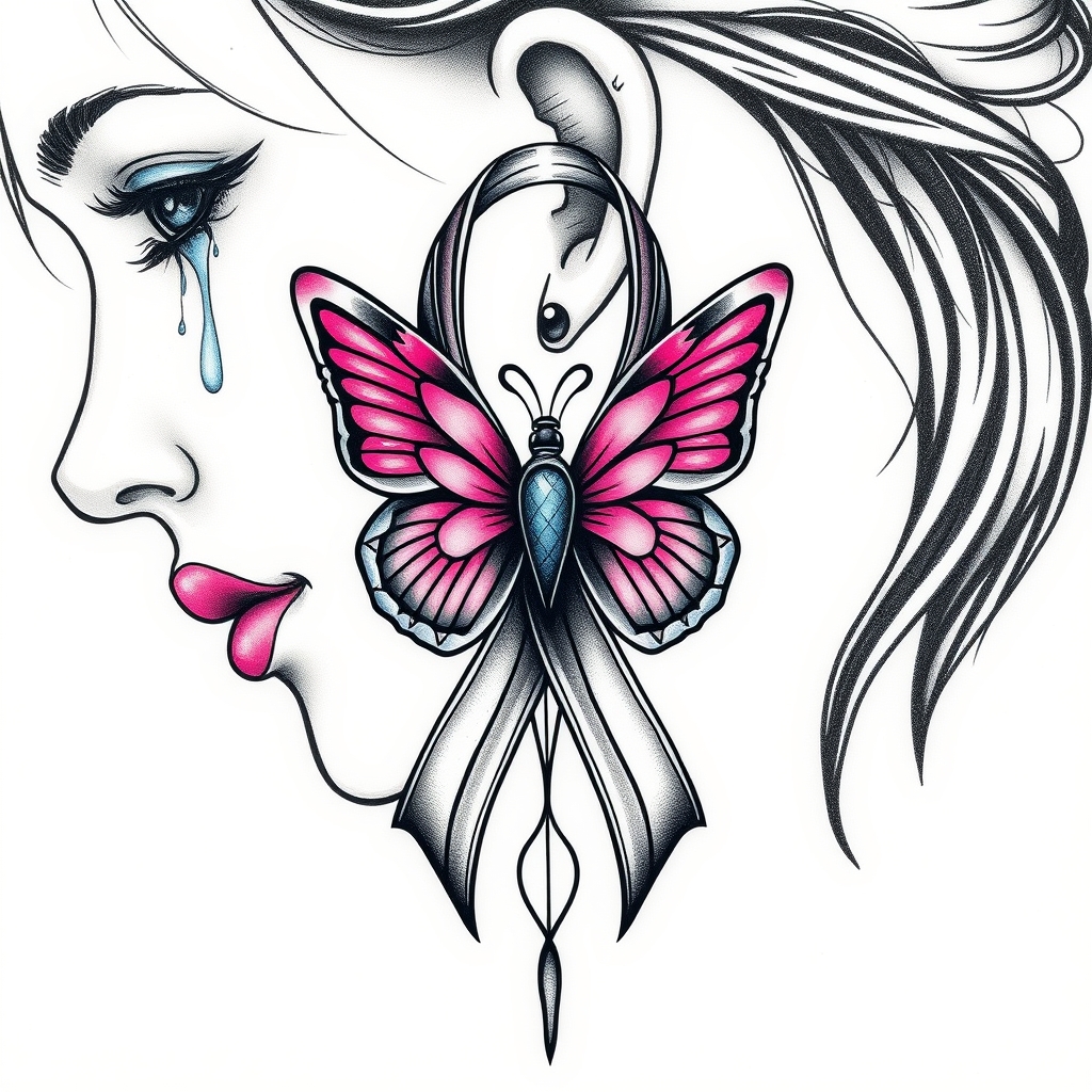 A tattoo design of A woman crying with the domestic awareness ribbon with a butterfly entwined together in the style of tribal. - awareness ribbon tattoo design generated by AI tattoo generator