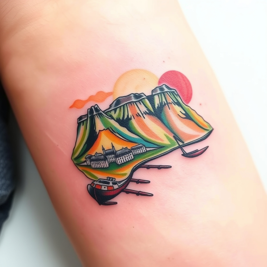 A tattoo design of cape town in the style of watercolor. - please go ahead with the tattoo description. tattoo design generated by AI tattoo generator