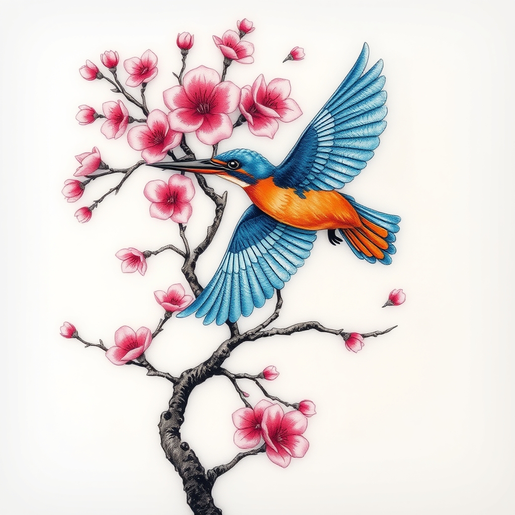 A tattoo design of Pink cherry blossom tree with flying blue and orange kingfisher in the style of traditional. - nature flowers tattoo design generated by AI tattoo generator