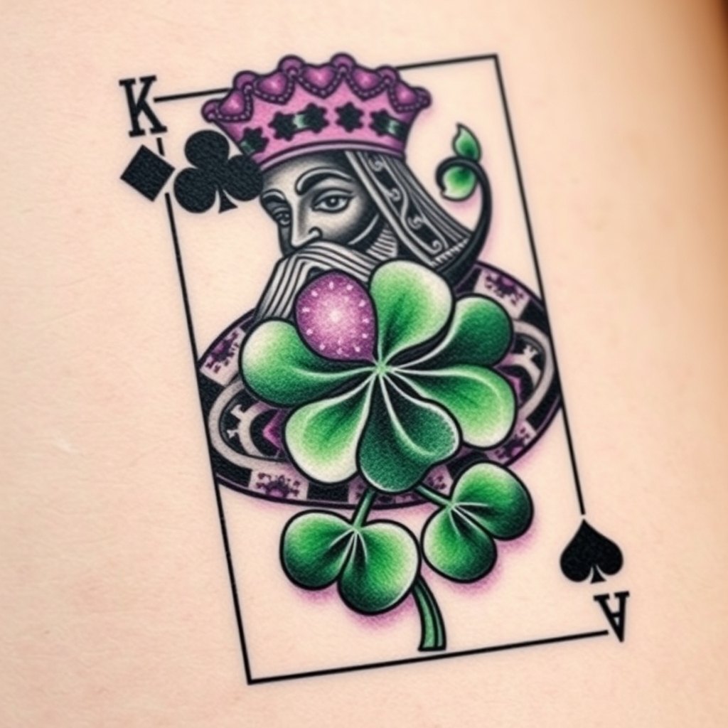 A tattoo design of I would like a 3 dimensional photo realistic playing card, an African American king of 4 leaf clovers, with black, green, and purple ink, maybe some white ink for highlighting. NO red ink. in the style of traditional. - playing card tattoo design generated by AI tattoo generator