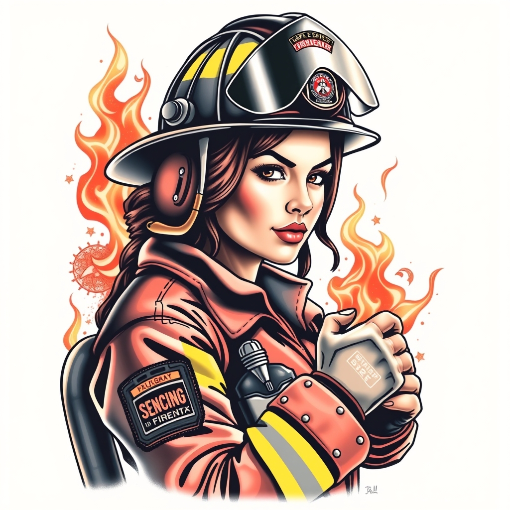 A tattoo design of Firefighter pinup in the style of realistic. - firefighter pinup tattoo design generated by AI tattoo generator