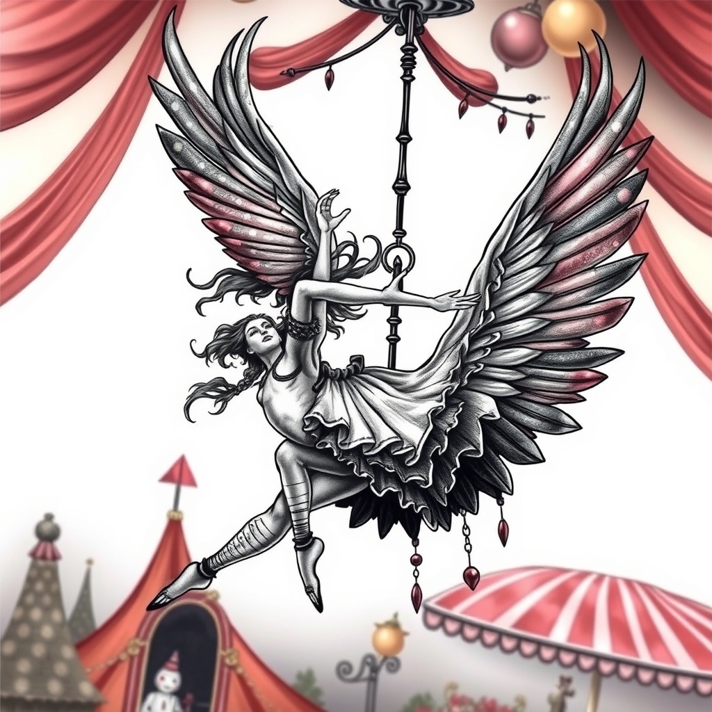 A tattoo design of Fantasy, aerial acrobatics, circus in the style of surrealistic. - circus tattoo design generated by AI tattoo generator