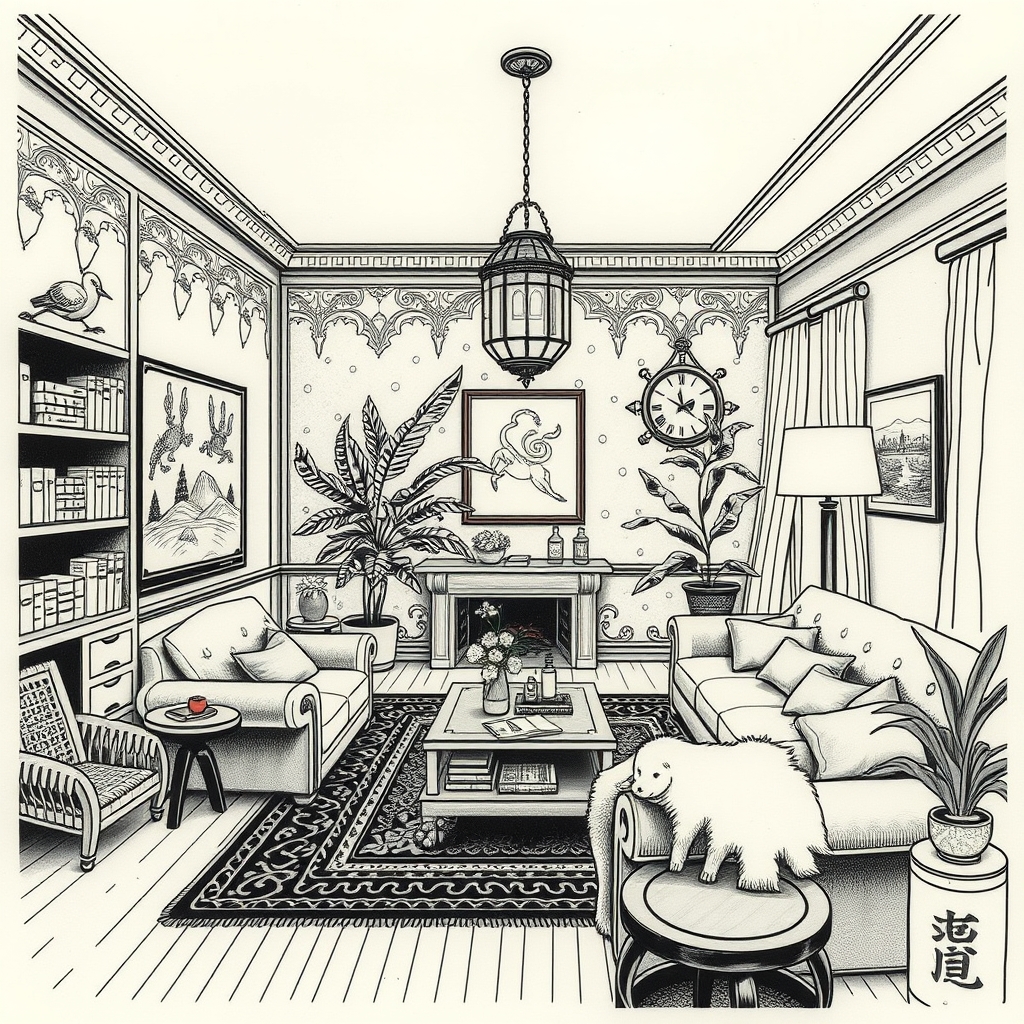A tattoo design of A livingroom in Genova , by Alessio Albi in the style of japanese. - interior architecture tattoo design generated by AI tattoo generator