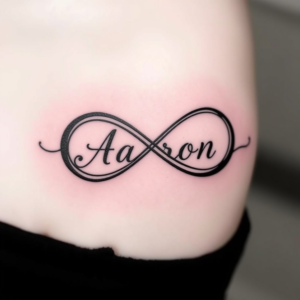 A tattoo design of Infinity symbol with the name Aaron in the style of blackwork. - symbol with name tattoo design generated by AI tattoo generator