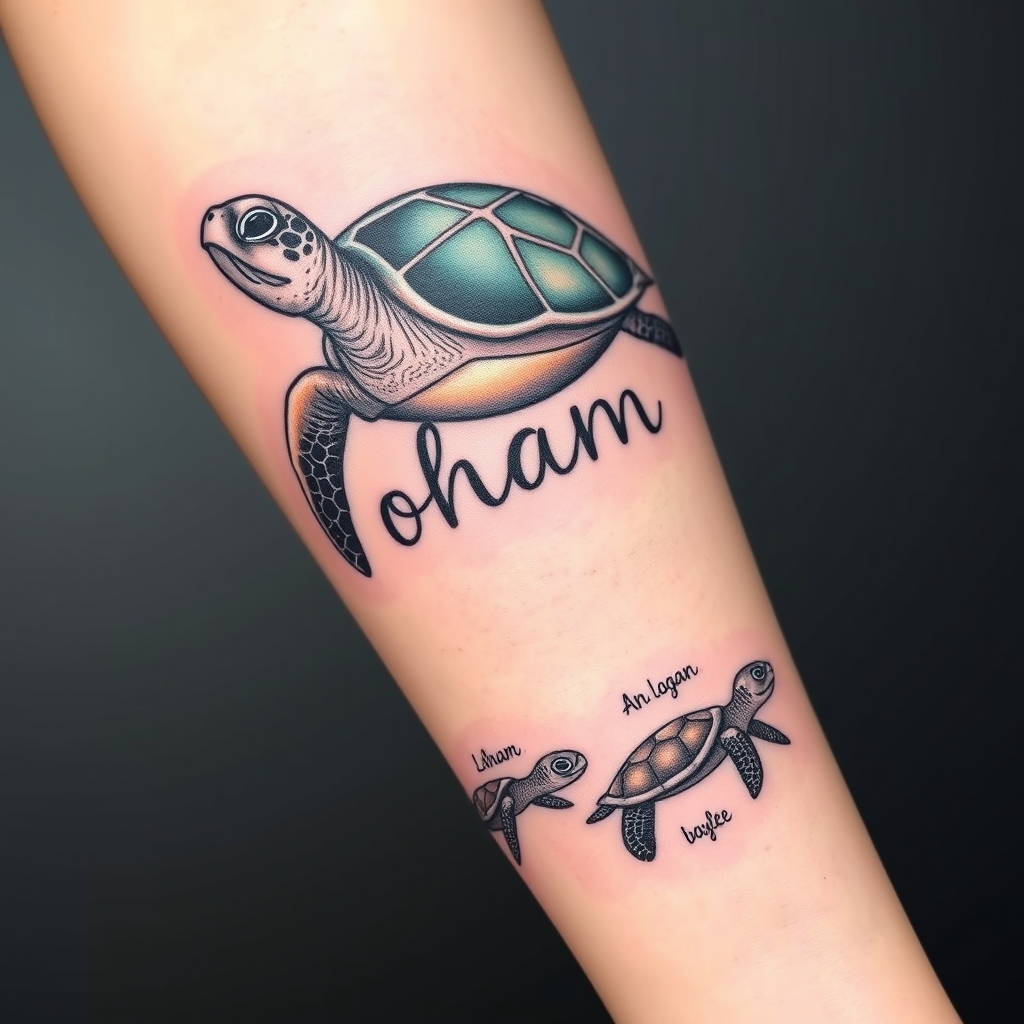 A tattoo design of A momma sea turtle swimming toward the word ohana with 3 baby sea turtles following behind in a stream of water with the names Ana Logan and baylee by the baby sea turtles. The baby sea turtles looking like Finding Nemo sea turtles tattoo for forearm in the style of surrealistic. - sea life tattoo design generated by AI tattoo generator