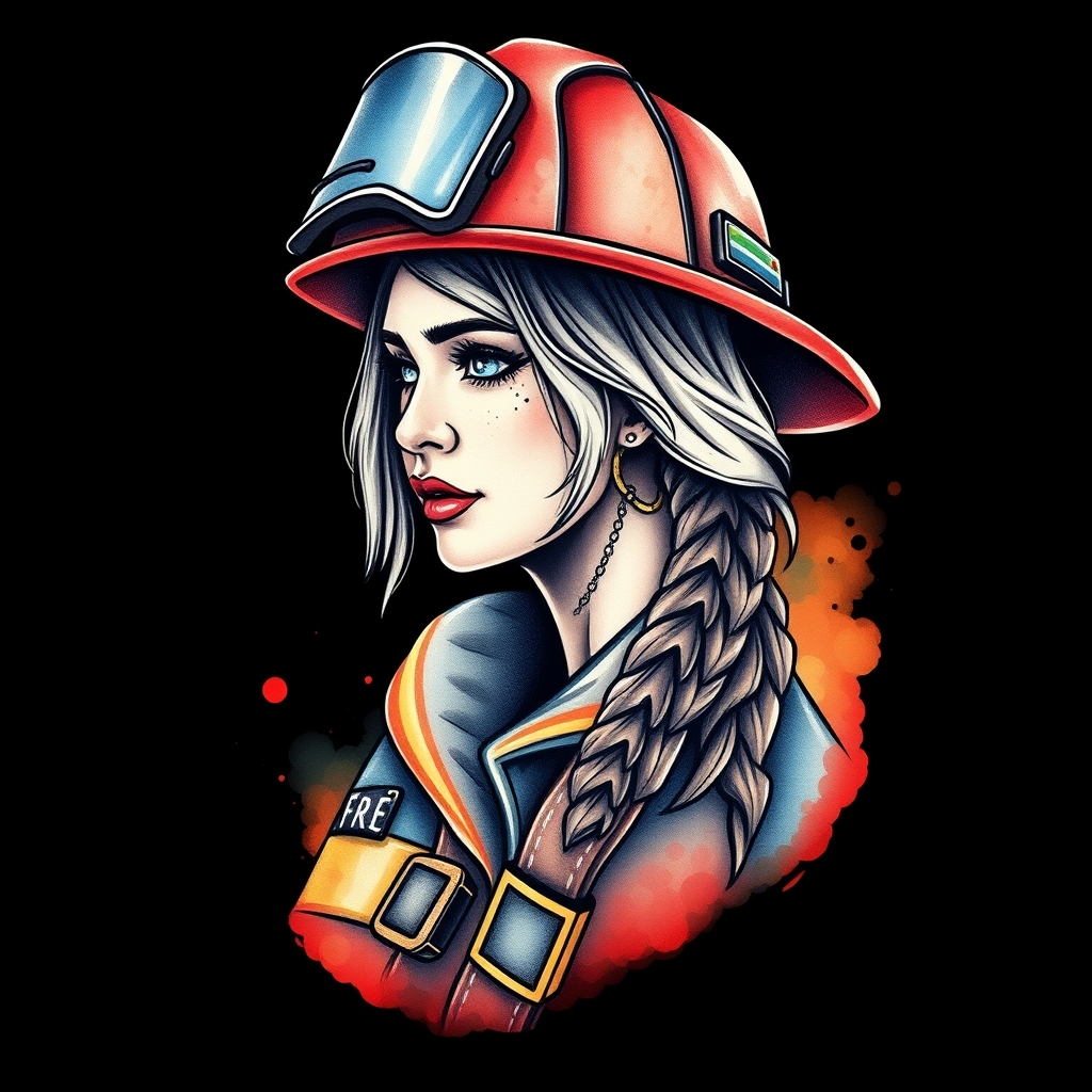 A tattoo design of A female firefighter in the style of watercolor. - female firefighter tattoo design generated by AI tattoo generator