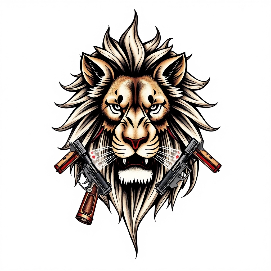 A tattoo design of female lion with a tribal mane making it appear male. incorporate gambling, guns, and smoke around it in the style of tribal. - wildlife mythology tattoo design generated by AI tattoo generator