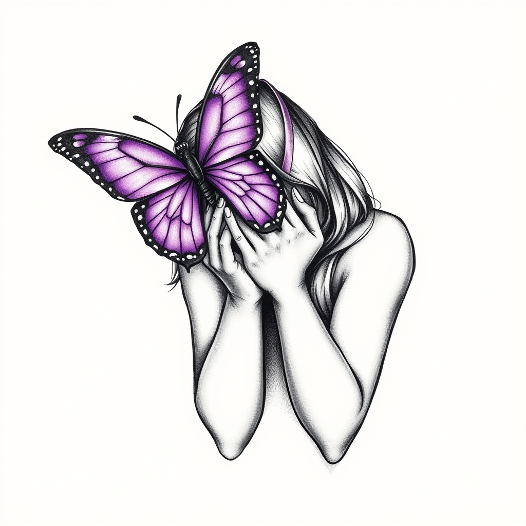 A tattoo design of Domestic violence ribbon awareness inclined together with a purple butterfly as a women hunched over her hands overing her face in the style of blackwork. - domestic violence awareness tattoo design generated by AI tattoo generator