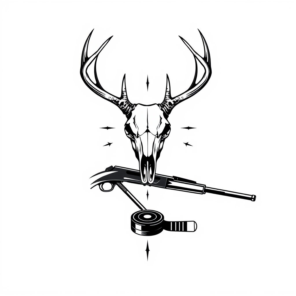 A tattoo design of a deer skull on top of the x of a lever action rifle and a hockey stick all blackout with with a white background with a hockey puck on the bottom of the x in the style of realistic. - hunting and sports tattoo design generated by AI tattoo generator