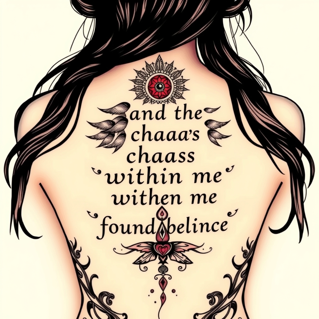 A tattoo design of  feminine of the saying "and the chaos within me found balance in the style of surrealistic. - inner balance tattoo design generated by AI tattoo generator