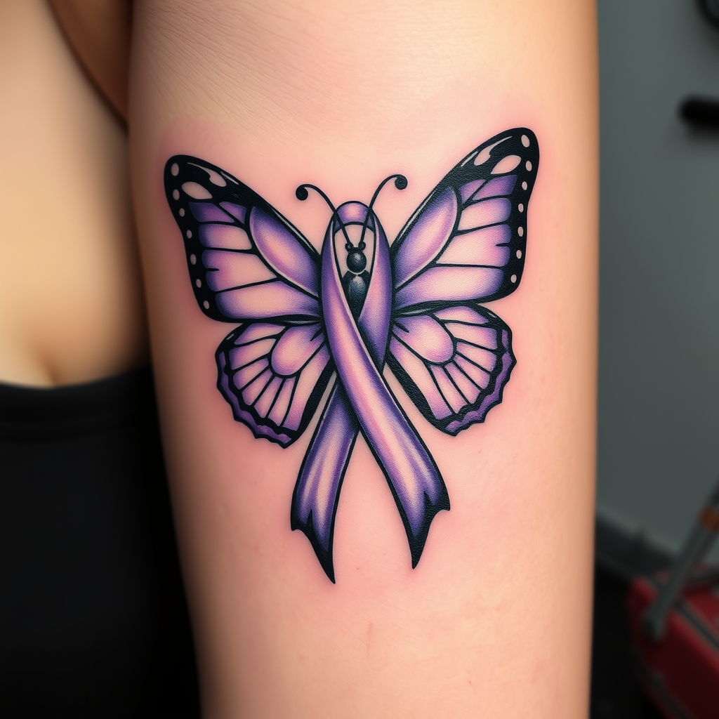 A tattoo design of  crying with the domestic awareness ribbon with a purple butterfly entwined together in the style of blackwork. - domestic awareness ribbon tattoo design generated by AI tattoo generator