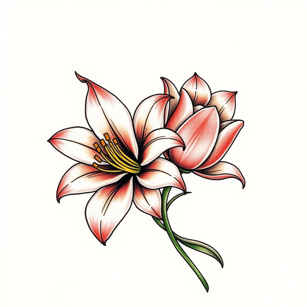A tattoo design of lilly and tulip flower  in the style of traditional. - flowers tattoo design generated by AI tattoo generator