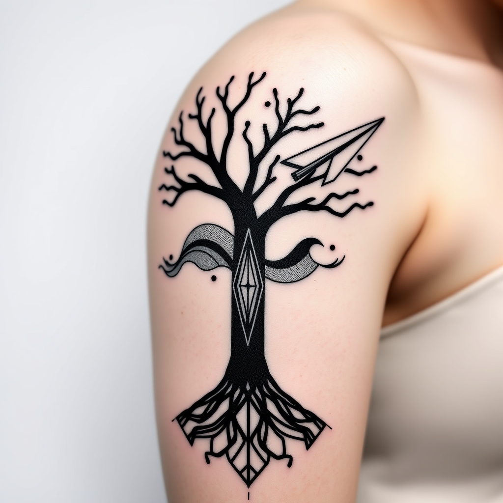 A tattoo design of Style: Geometric black‑work, dot‑shading Placement: Upper arm (biceps only) Design: At inner biceps, dense hexagon base with fine root‑like lines merging downward. From this base, a stylized geometric tree trunk rises, branching outward across the biceps curve. Between branches, weave bold yet flowing black wave motifs with subtle dot‑shade texture to symbolize water/movement. On the outer biceps, integrate a minimalist geometric airplane wing (or compass arrow) emerging from the central branch. Use negative space to keep the design airy and dynamic. Keep line weights heavier at roots/trunk, finer toward branches and waves. in the style of geometric. - geometric nature tattoo design generated by AI tattoo generator