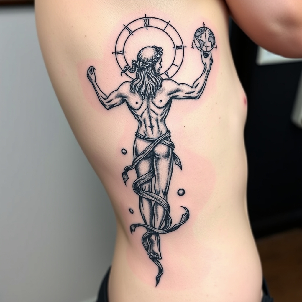 A tattoo design of Atlas holding the world, twisted, down spine in the style of blackwork. - mythology tattoo design generated by AI tattoo generator